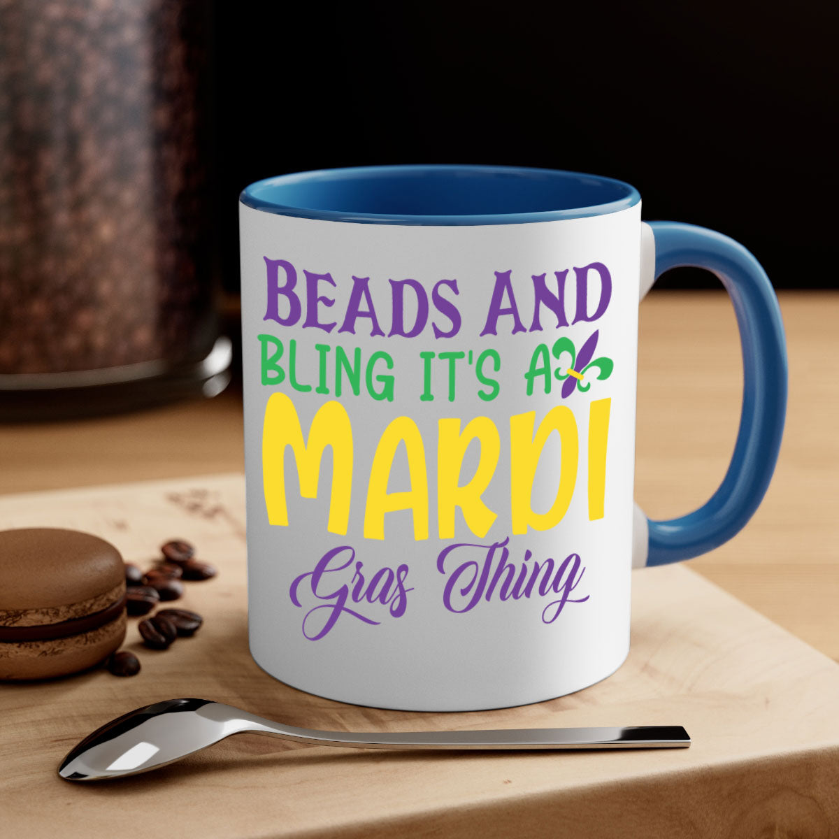 Beads and Bling Mardi Gras mug with colorful handle and glossy finish, perfect for coffee or tea.