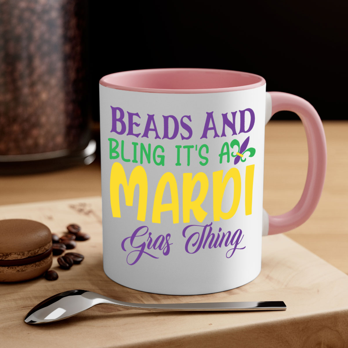 Beads and Bling Mardi Gras mug with colorful handle and glossy finish, perfect for coffee or tea.