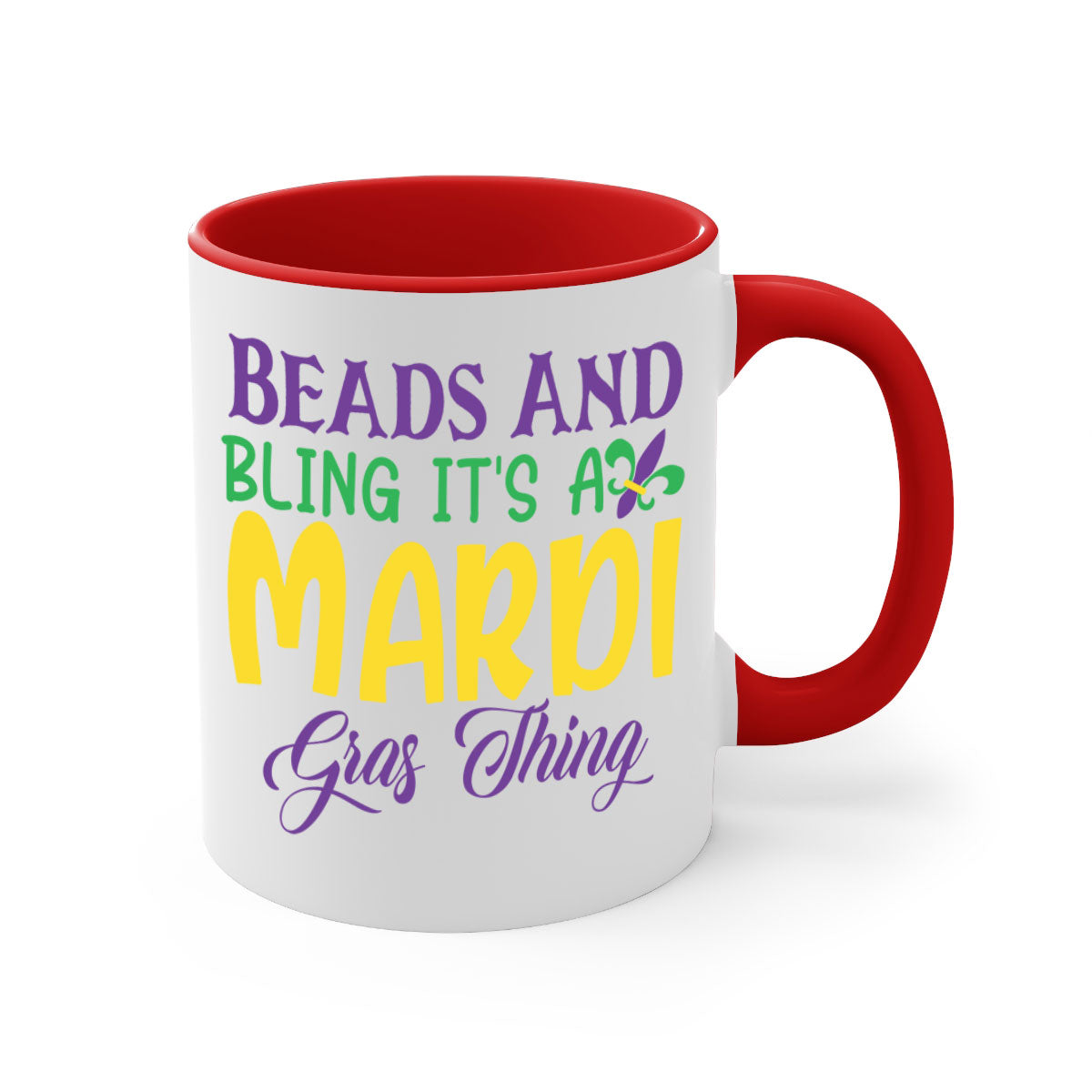 Beads and Bling Mardi Gras mug with colorful handle and glossy finish, perfect for coffee or tea.