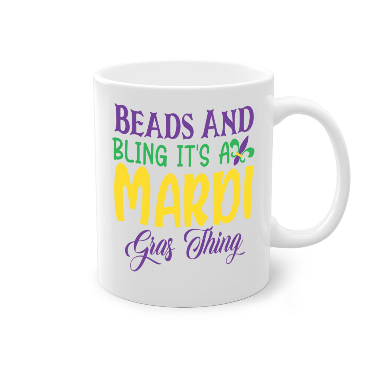 Beads and Bling Mardi Gras mug with colorful handle and glossy finish, perfect for coffee or tea.