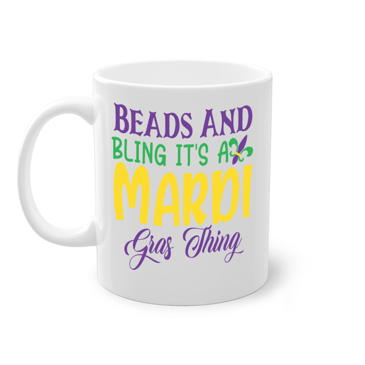 Beads and Bling Mardi Gras mug with colorful handle and glossy finish, perfect for coffee or tea.