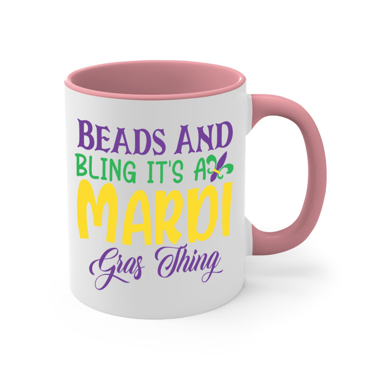 Beads and Bling Mardi Gras mug with colorful handle and glossy finish, perfect for coffee or tea.