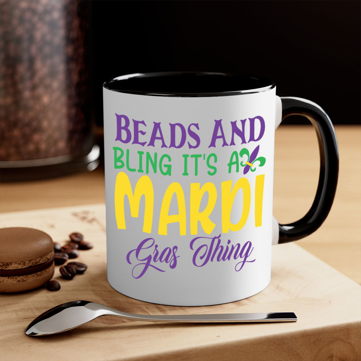Beads and Bling Mardi Gras mug with colorful handle and glossy finish, perfect for coffee or tea.