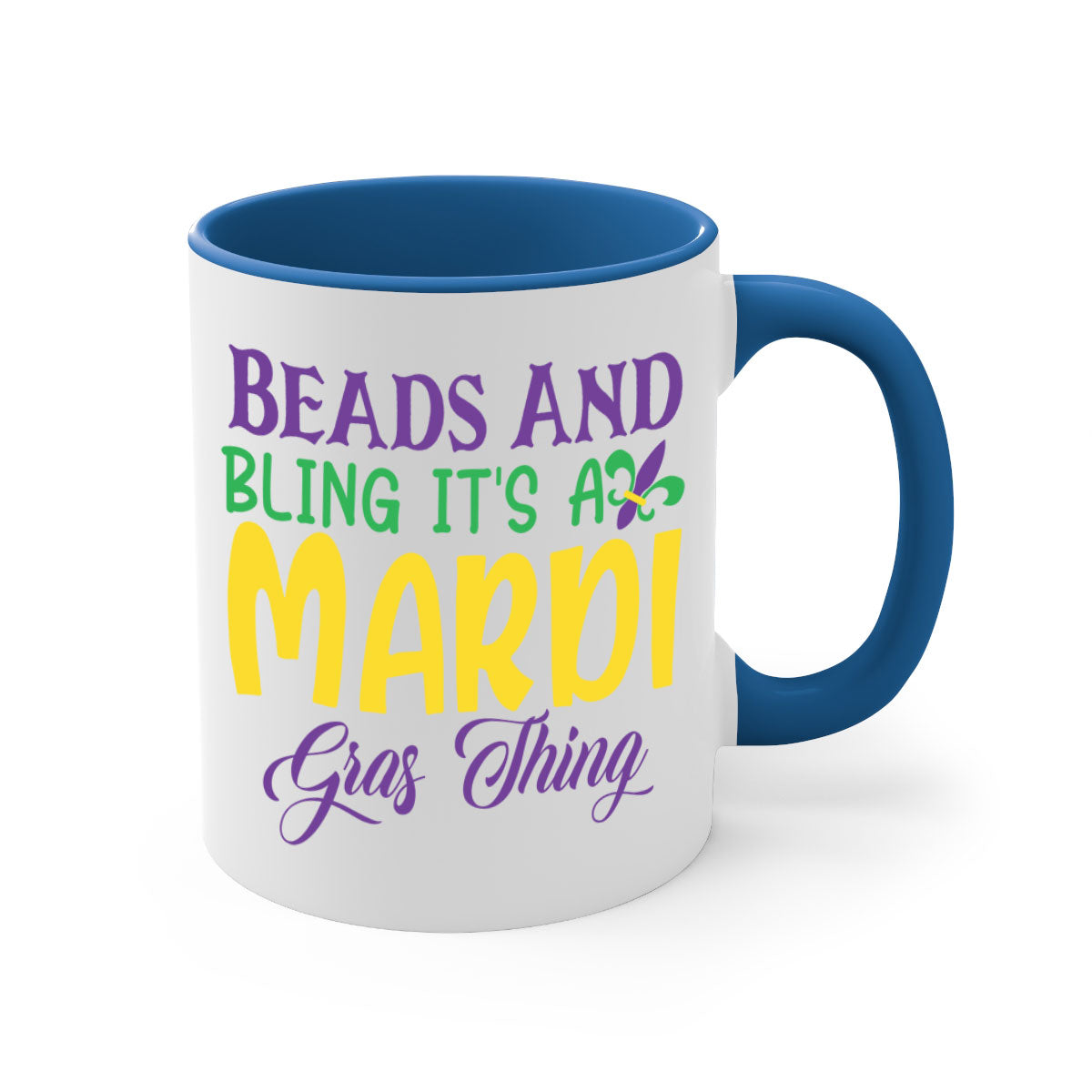 Beads and Bling Mardi Gras mug with colorful handle and glossy finish, perfect for coffee or tea.