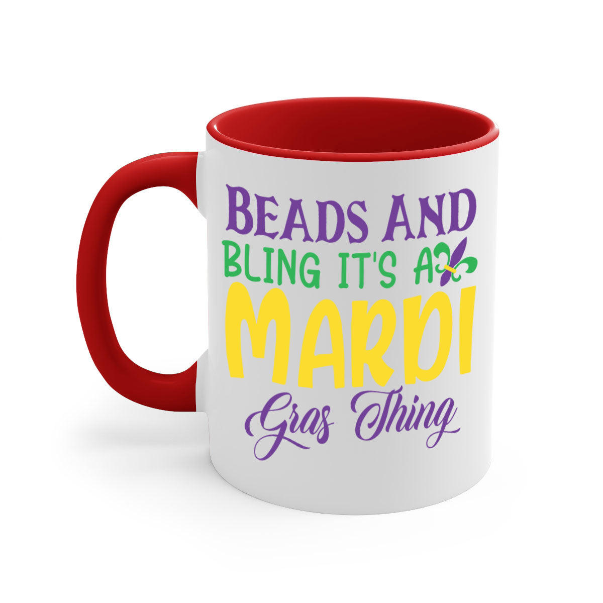Beads and Bling Mardi Gras mug with colorful handle and glossy finish, perfect for coffee or tea.