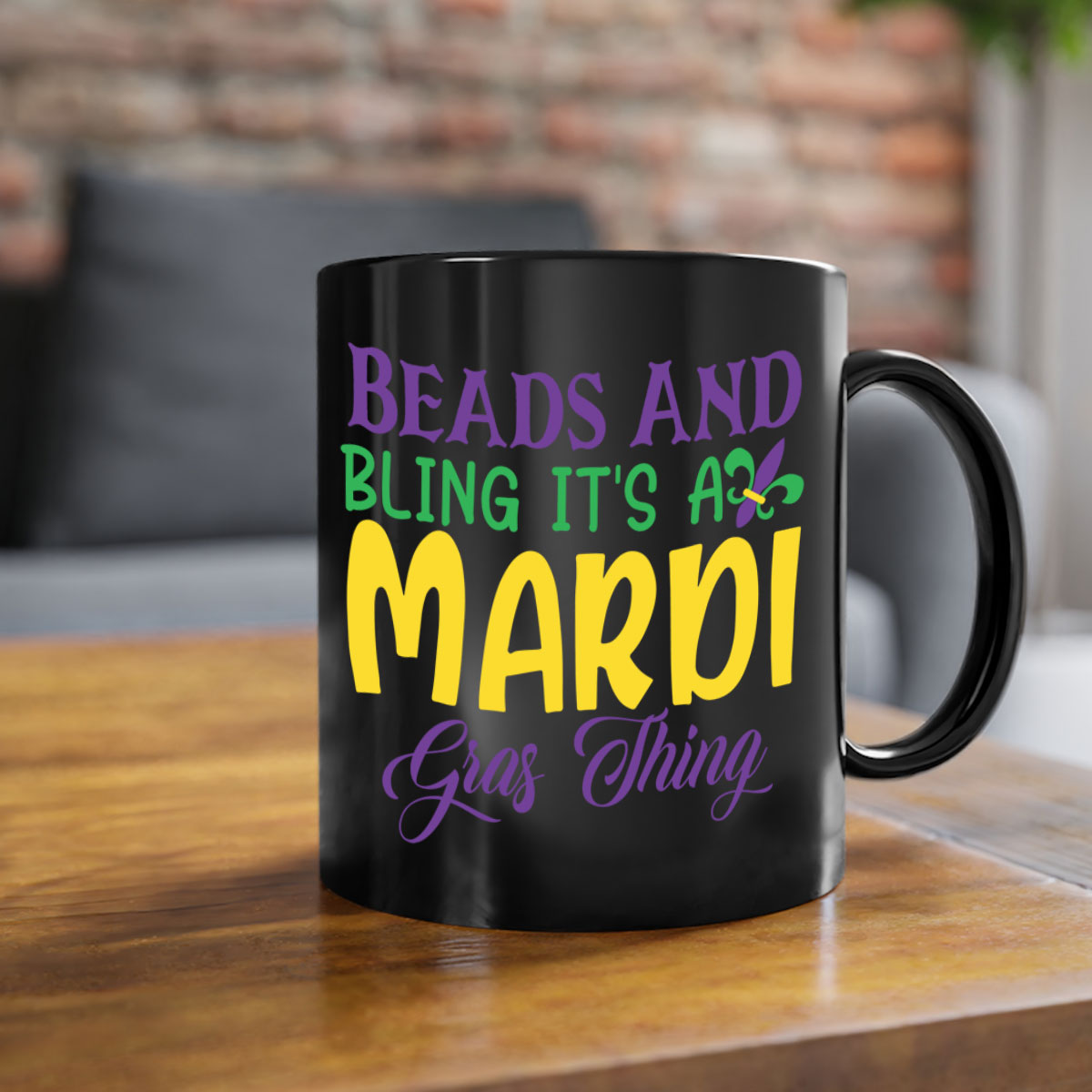 Beads and Bling Mardi Gras mug with colorful handle and glossy finish, perfect for coffee or tea.
