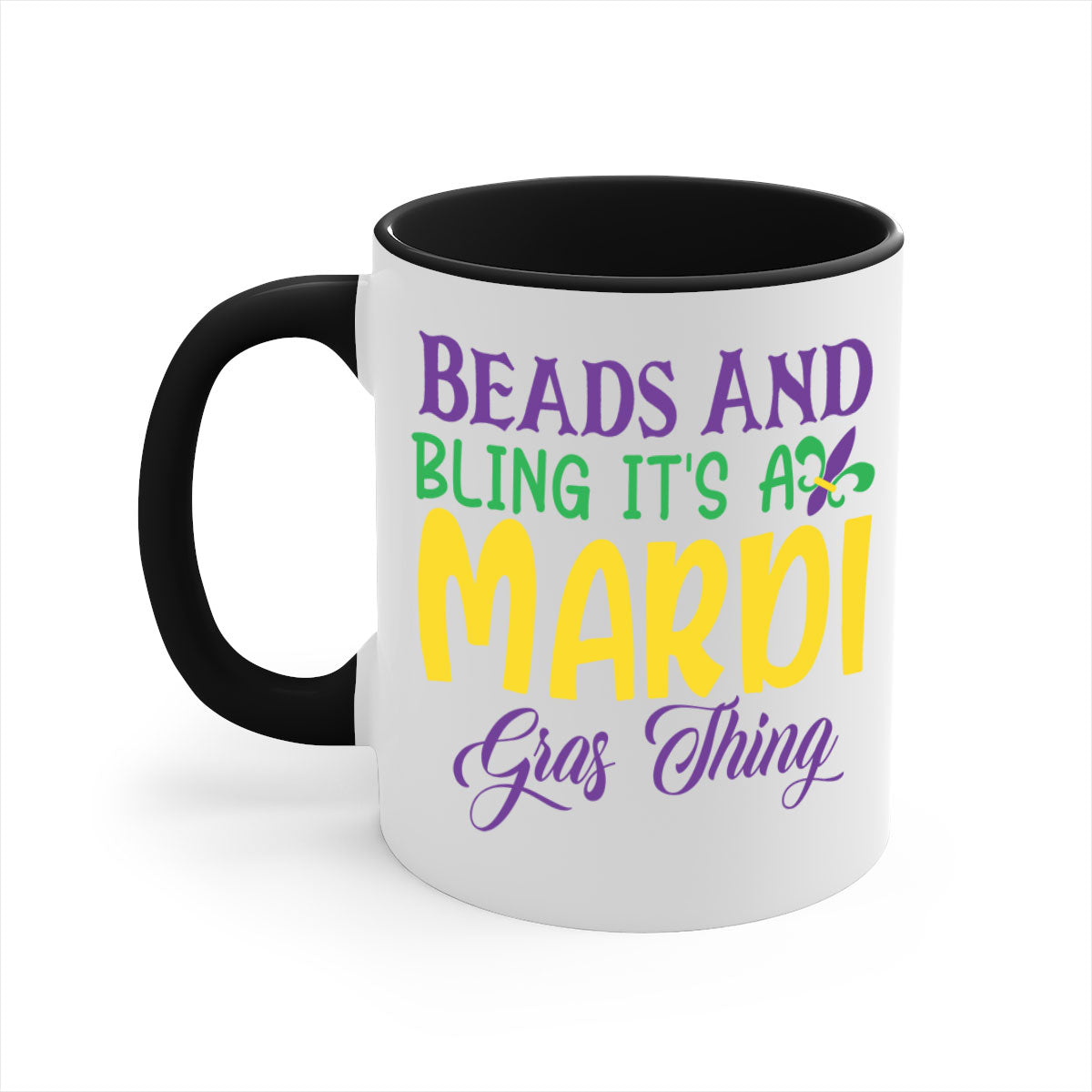 Beads and Bling Mardi Gras mug with colorful handle and glossy finish, perfect for coffee or tea.