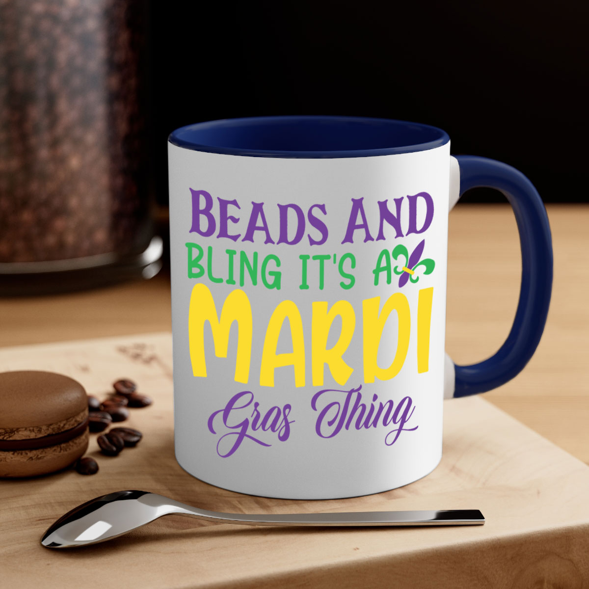 Beads and Bling Mardi Gras mug with colorful handle and glossy finish, perfect for coffee or tea.