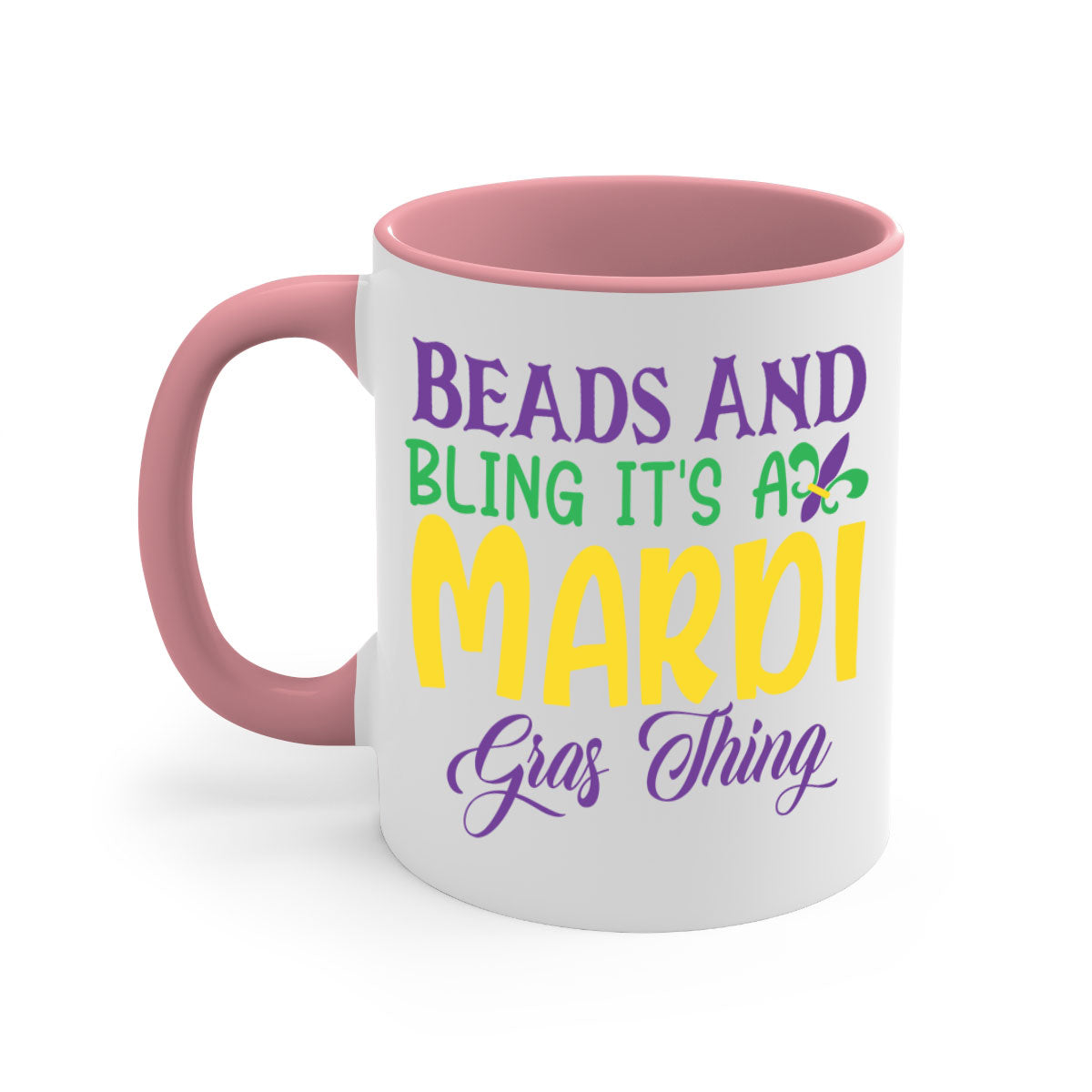 Beads and Bling Mardi Gras mug with colorful handle and glossy finish, perfect for coffee or tea.