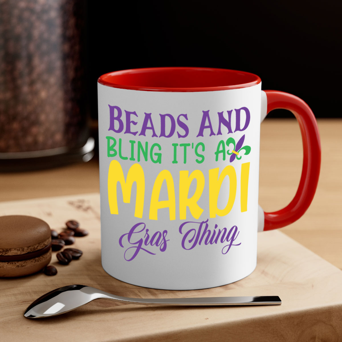 Beads and Bling Mardi Gras mug with colorful handle and glossy finish, perfect for coffee or tea.