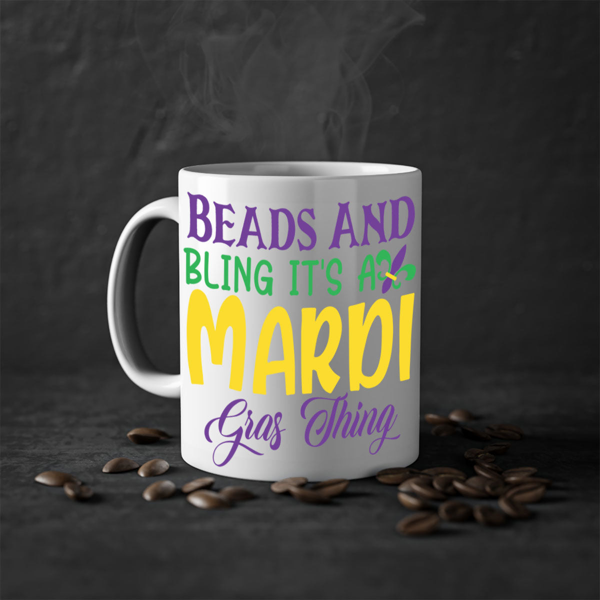 Beads and Bling Mardi Gras mug with colorful handle and glossy finish, perfect for coffee or tea.