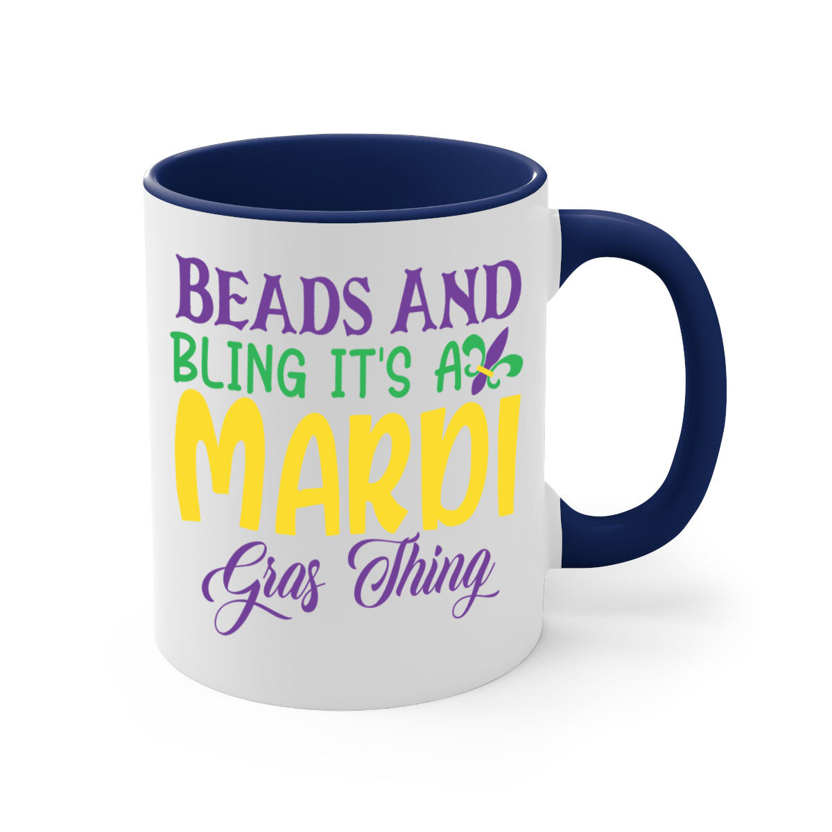 Beads and Bling Mardi Gras mug with colorful handle and glossy finish, perfect for coffee or tea.