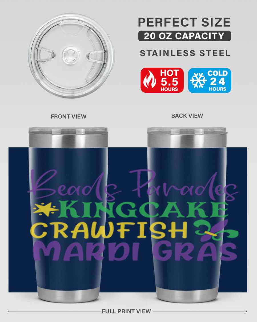 Vibrant 20oz Mardi Gras tumbler featuring double wall vacuum insulation, perfect for keeping drinks hot or cold during celebrations.
