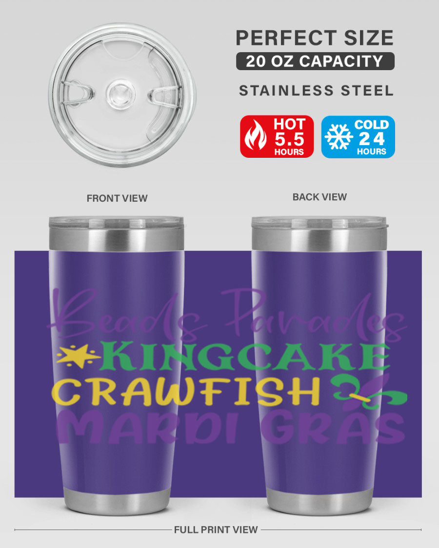 Vibrant 20oz Mardi Gras tumbler featuring double wall vacuum insulation, perfect for keeping drinks hot or cold during celebrations.