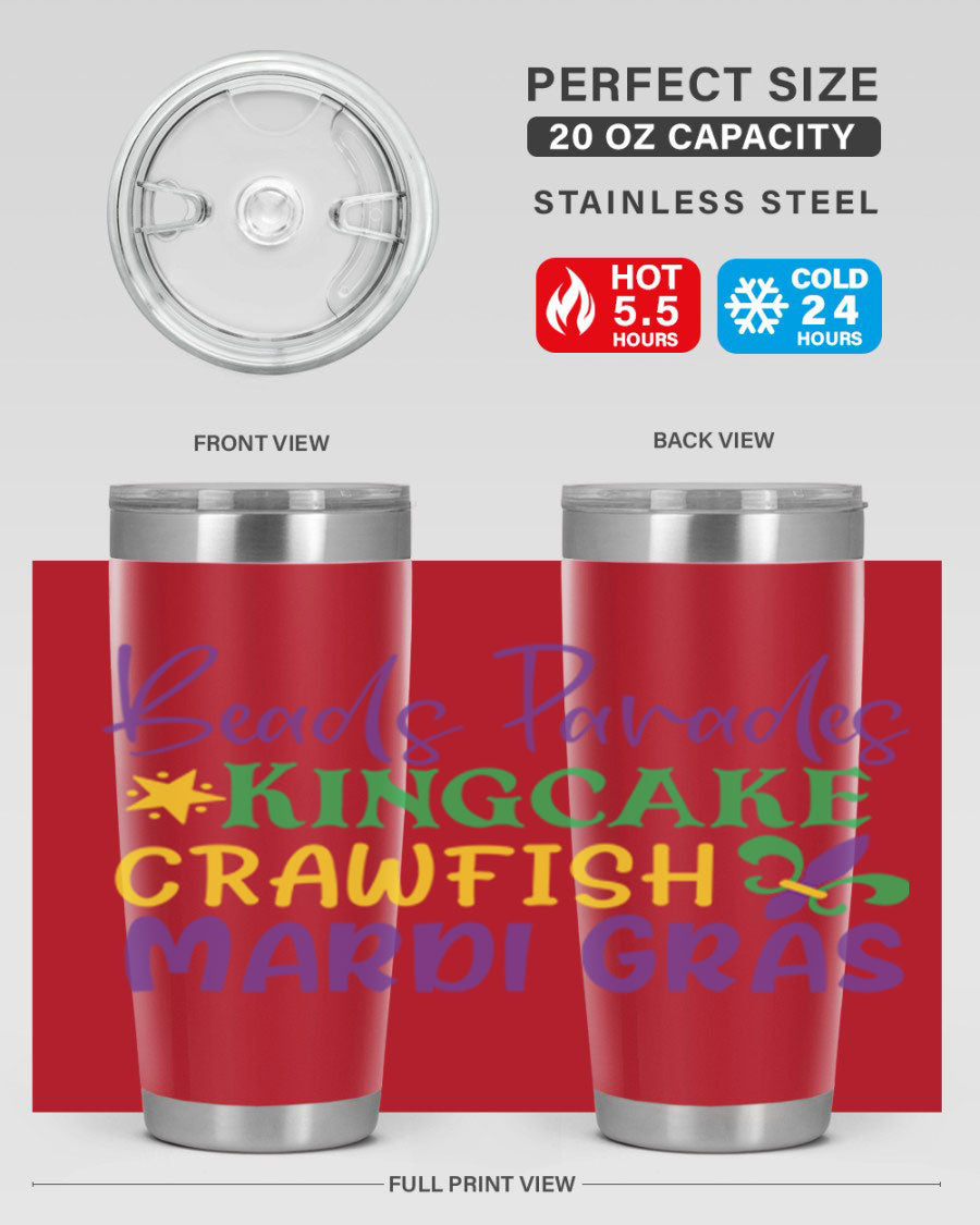 Vibrant 20oz Mardi Gras tumbler featuring double wall vacuum insulation, perfect for keeping drinks hot or cold during celebrations.