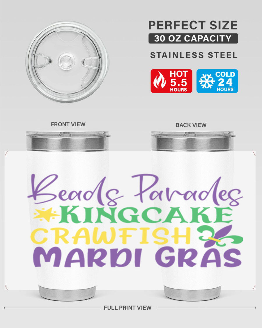 Vibrant 20oz Mardi Gras tumbler featuring double wall vacuum insulation, perfect for keeping drinks hot or cold during celebrations.