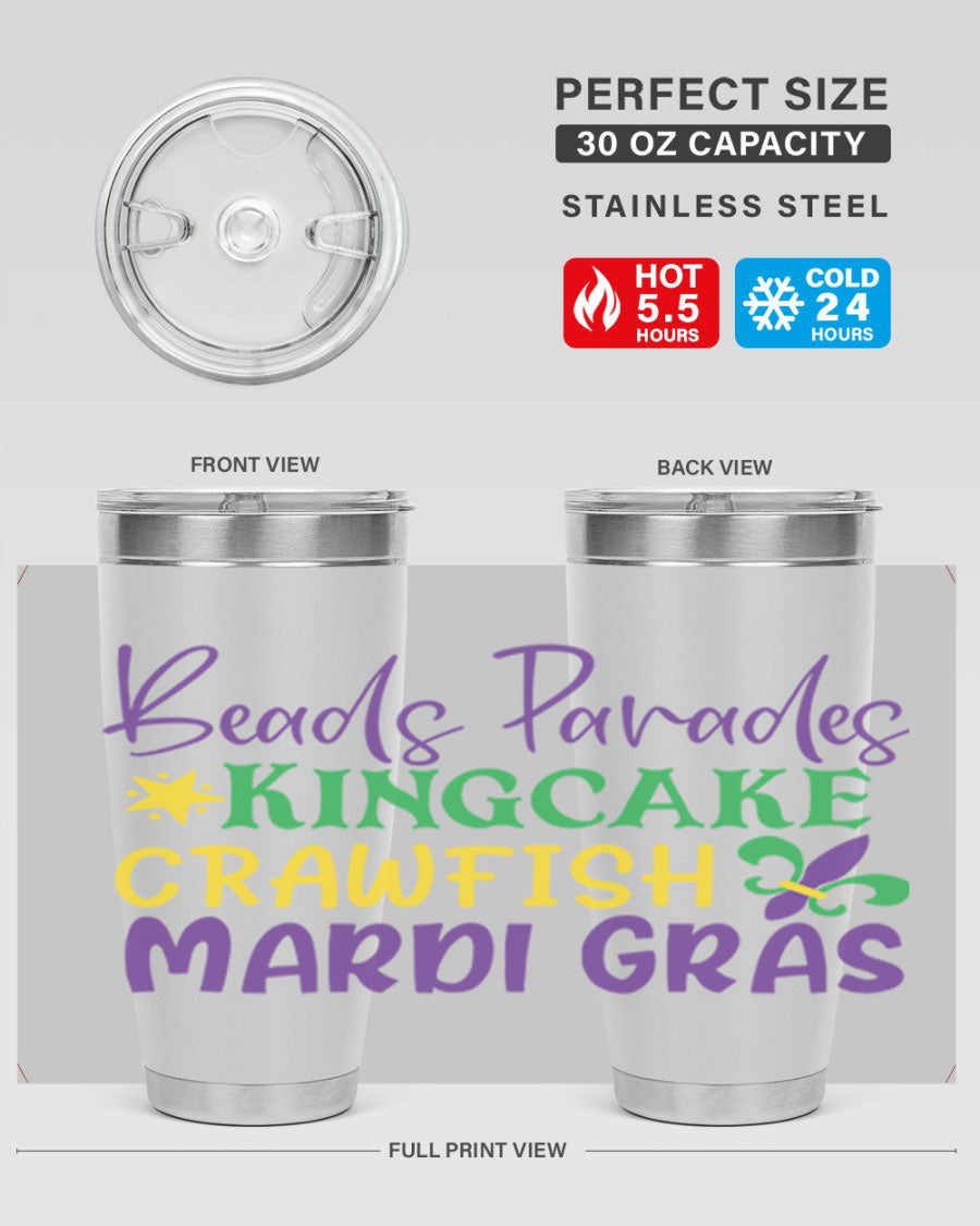Vibrant 20oz Mardi Gras tumbler featuring double wall vacuum insulation, perfect for keeping drinks hot or cold during celebrations.