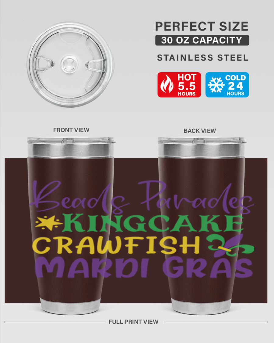 Vibrant 20oz Mardi Gras tumbler featuring double wall vacuum insulation, perfect for keeping drinks hot or cold during celebrations.