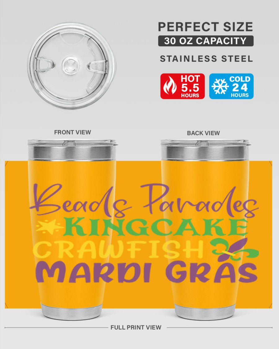 Vibrant 20oz Mardi Gras tumbler featuring double wall vacuum insulation, perfect for keeping drinks hot or cold during celebrations.