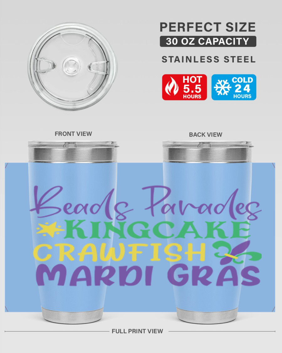 Vibrant 20oz Mardi Gras tumbler featuring double wall vacuum insulation, perfect for keeping drinks hot or cold during celebrations.