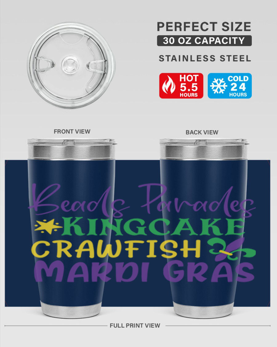 Vibrant 20oz Mardi Gras tumbler featuring double wall vacuum insulation, perfect for keeping drinks hot or cold during celebrations.