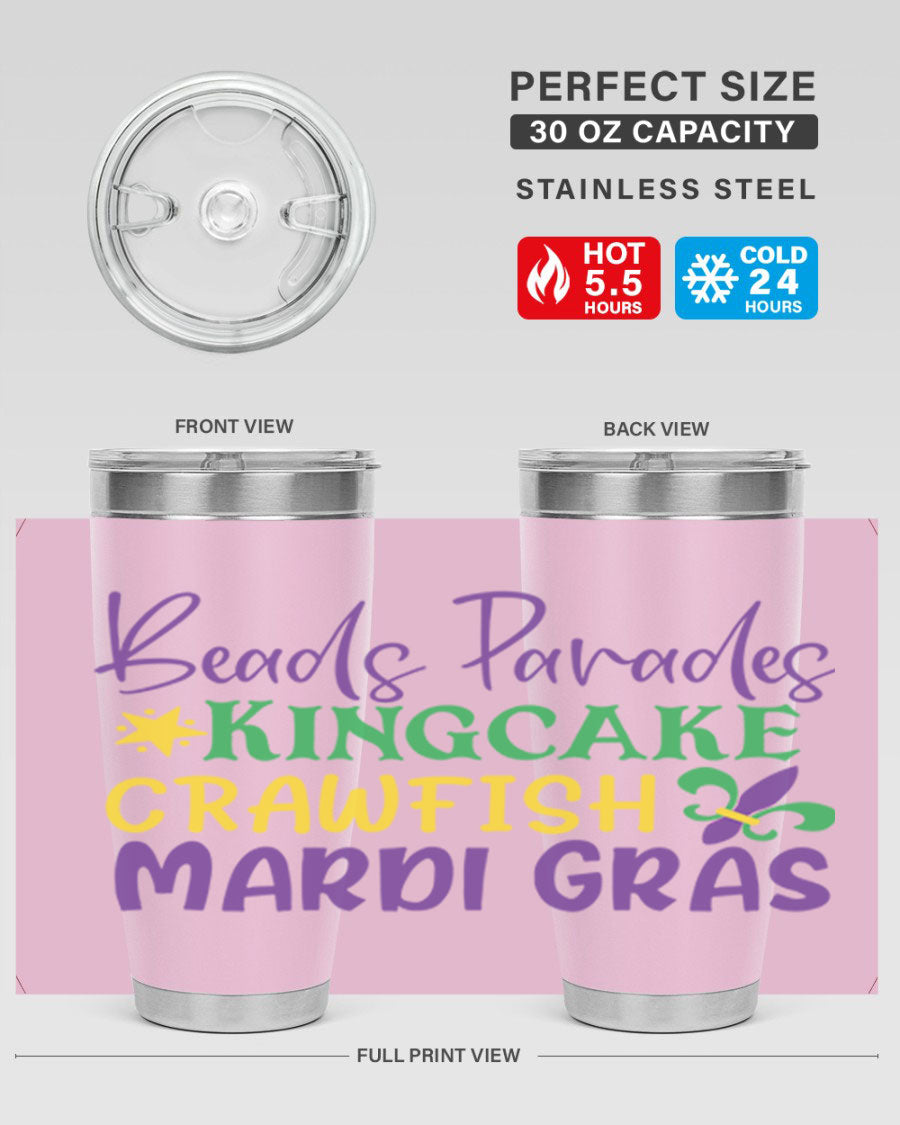 Vibrant 20oz Mardi Gras tumbler featuring double wall vacuum insulation, perfect for keeping drinks hot or cold during celebrations.