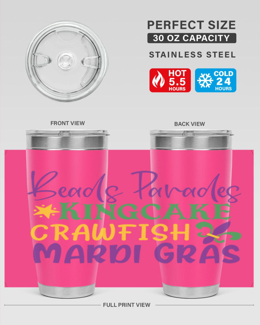 Vibrant 20oz Mardi Gras tumbler featuring double wall vacuum insulation, perfect for keeping drinks hot or cold during celebrations.