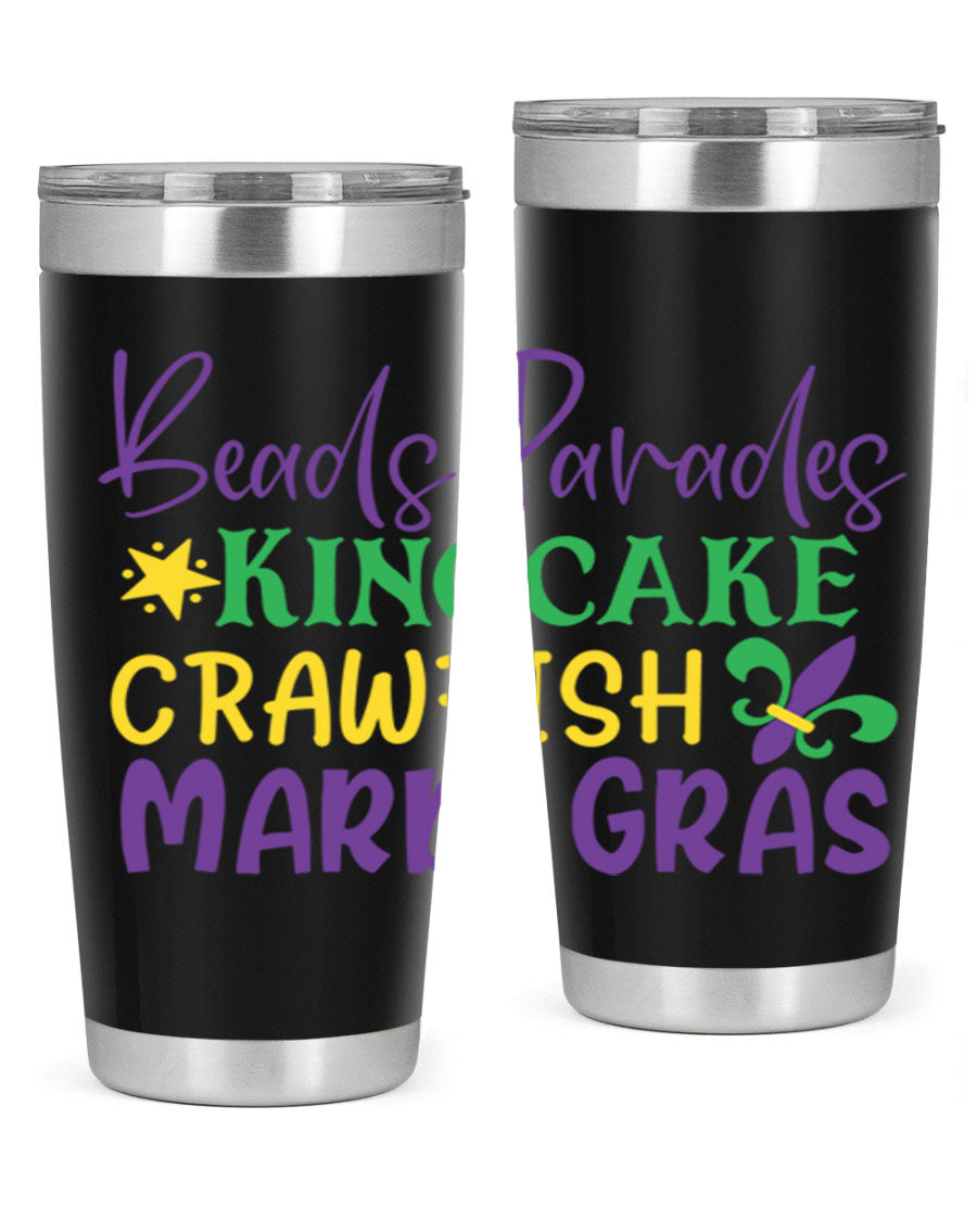 Vibrant 20oz Mardi Gras tumbler featuring double wall vacuum insulation, perfect for keeping drinks hot or cold during celebrations.