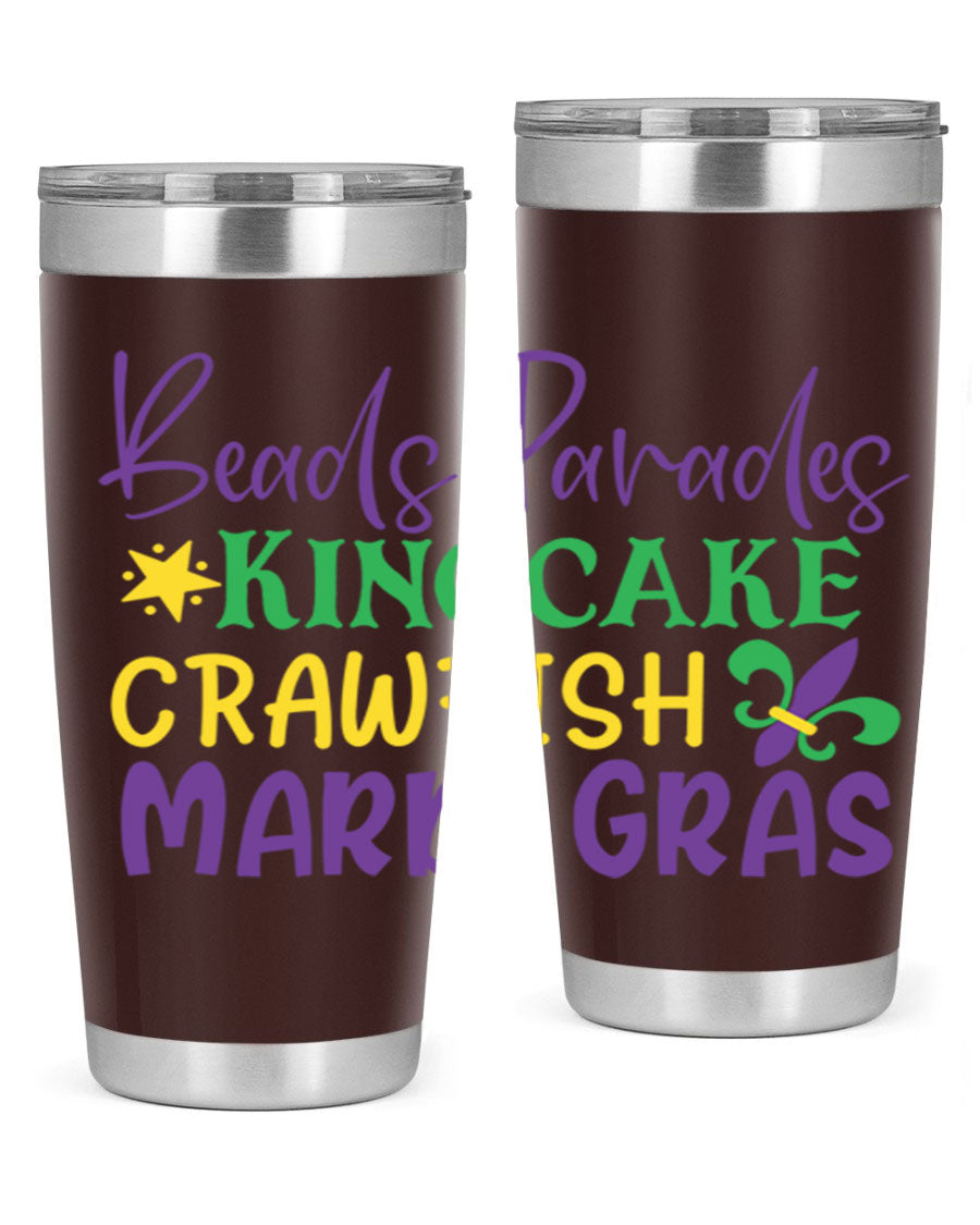 Vibrant 20oz Mardi Gras tumbler featuring double wall vacuum insulation, perfect for keeping drinks hot or cold during celebrations.
