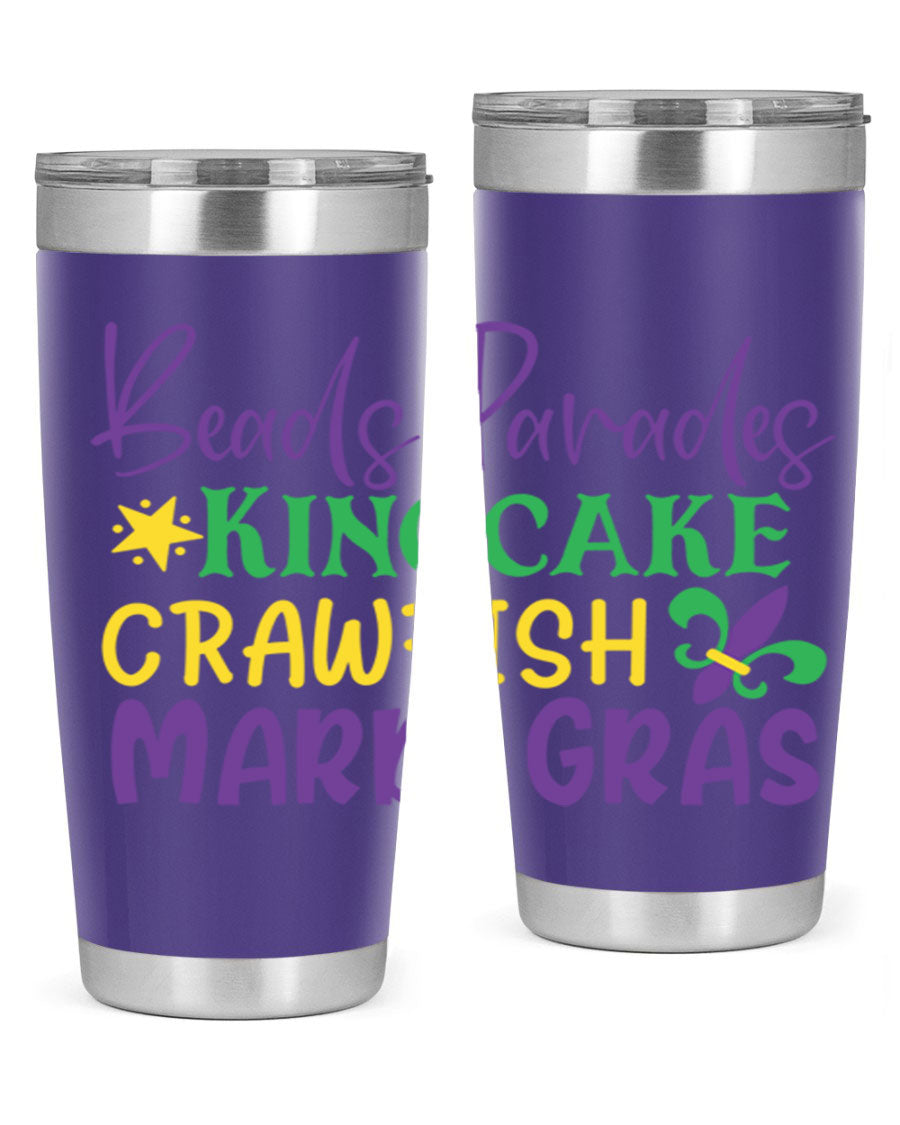 Vibrant 20oz Mardi Gras tumbler featuring double wall vacuum insulation, perfect for keeping drinks hot or cold during celebrations.