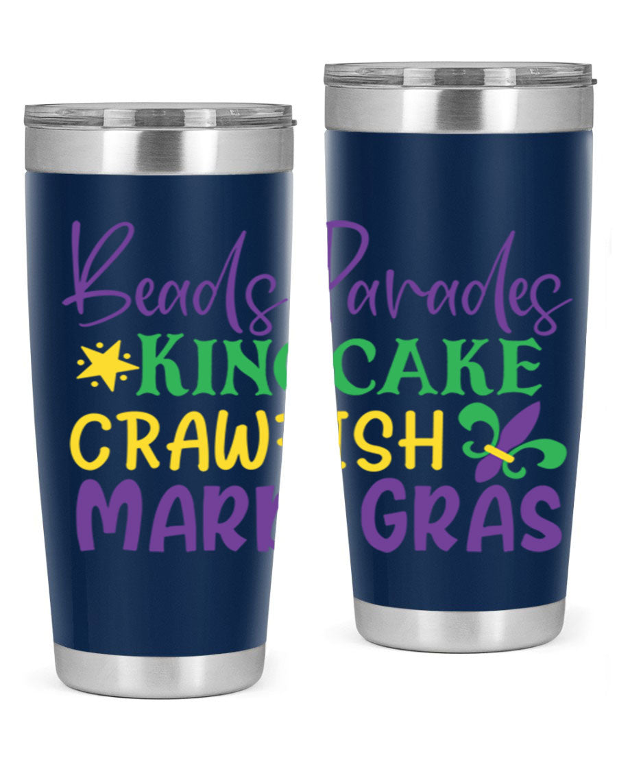 Vibrant 20oz Mardi Gras tumbler featuring double wall vacuum insulation, perfect for keeping drinks hot or cold during celebrations.