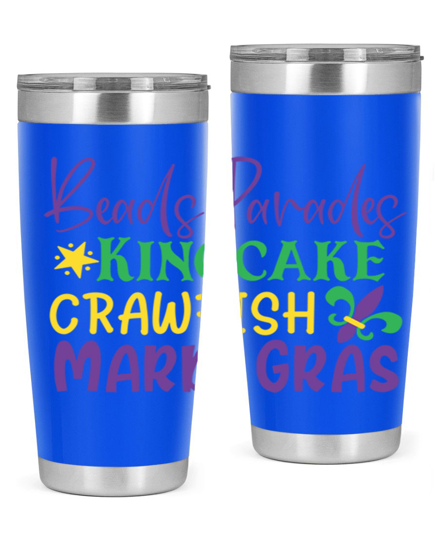 Vibrant 20oz Mardi Gras tumbler featuring double wall vacuum insulation, perfect for keeping drinks hot or cold during celebrations.