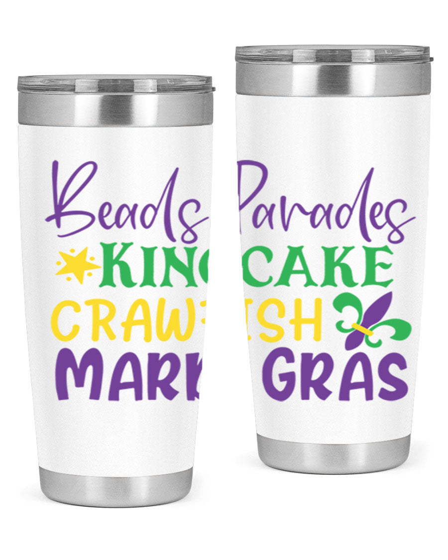 Vibrant 20oz Mardi Gras tumbler featuring double wall vacuum insulation, perfect for keeping drinks hot or cold during celebrations.
