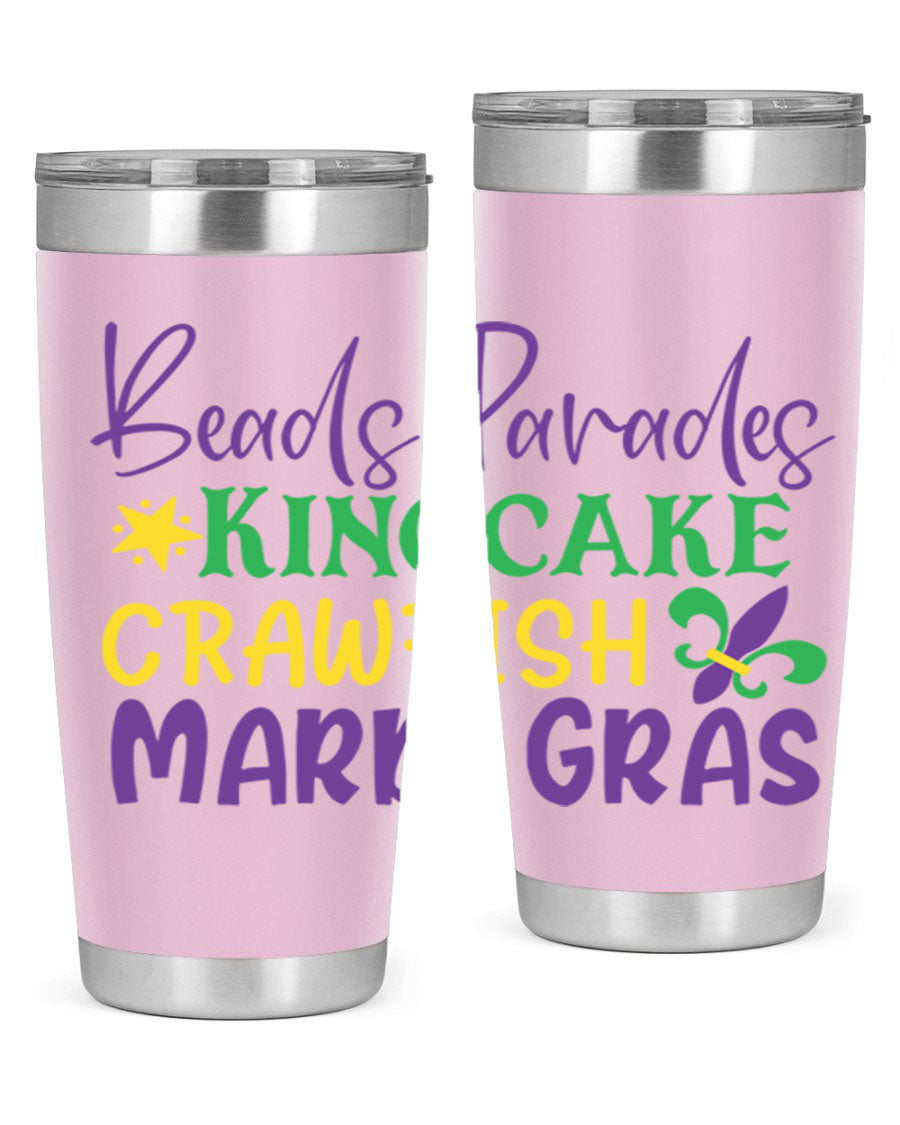 Vibrant 20oz Mardi Gras tumbler featuring double wall vacuum insulation, perfect for keeping drinks hot or cold during celebrations.