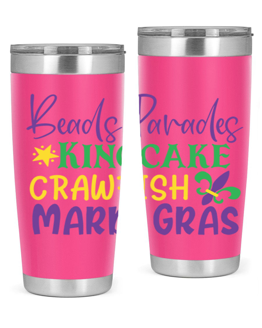 Vibrant 20oz Mardi Gras tumbler featuring double wall vacuum insulation, perfect for keeping drinks hot or cold during celebrations.