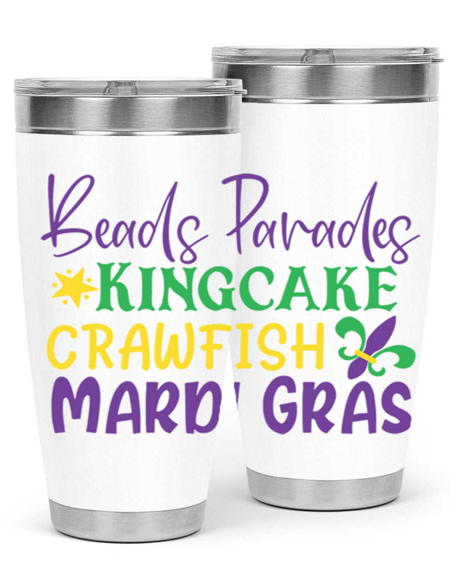 Vibrant 20oz Mardi Gras tumbler featuring double wall vacuum insulation, perfect for keeping drinks hot or cold during celebrations.