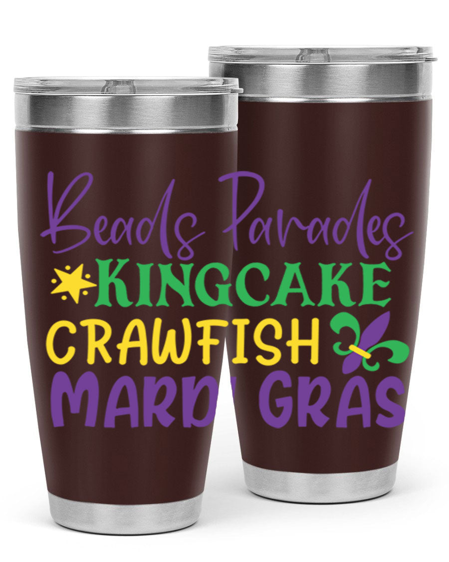 Vibrant 20oz Mardi Gras tumbler featuring double wall vacuum insulation, perfect for keeping drinks hot or cold during celebrations.