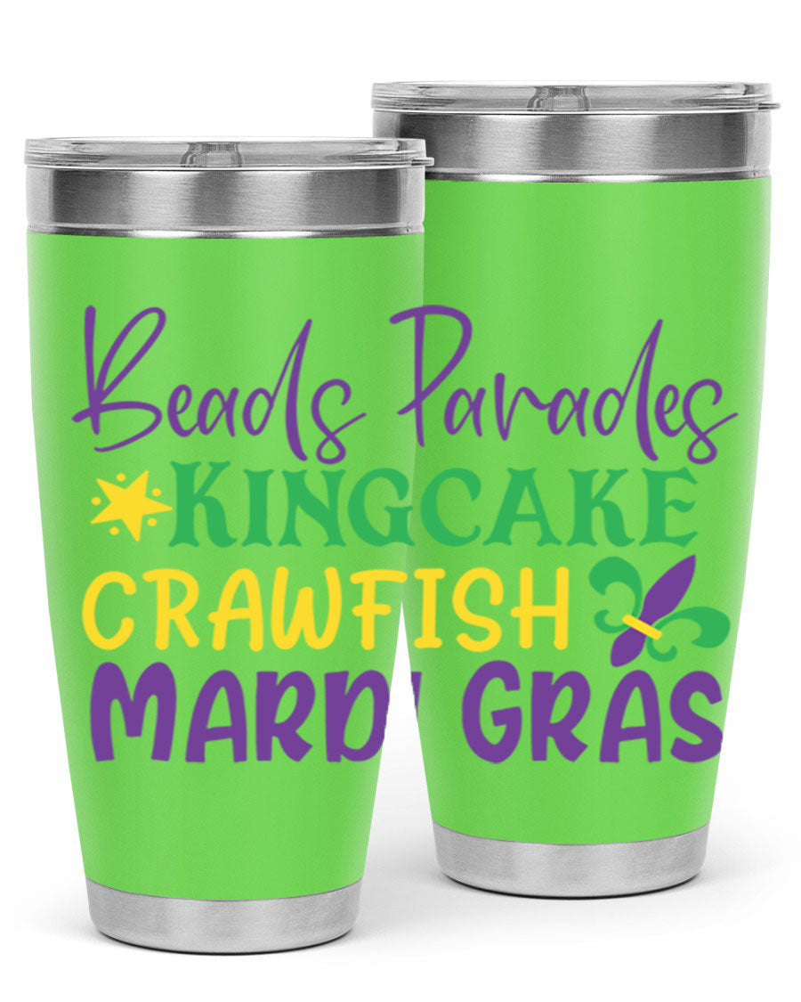 Vibrant 20oz Mardi Gras tumbler featuring double wall vacuum insulation, perfect for keeping drinks hot or cold during celebrations.