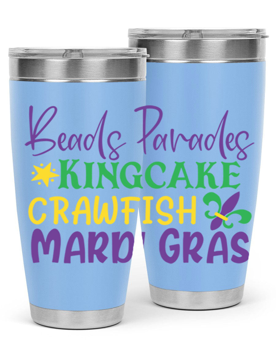 Vibrant 20oz Mardi Gras tumbler featuring double wall vacuum insulation, perfect for keeping drinks hot or cold during celebrations.