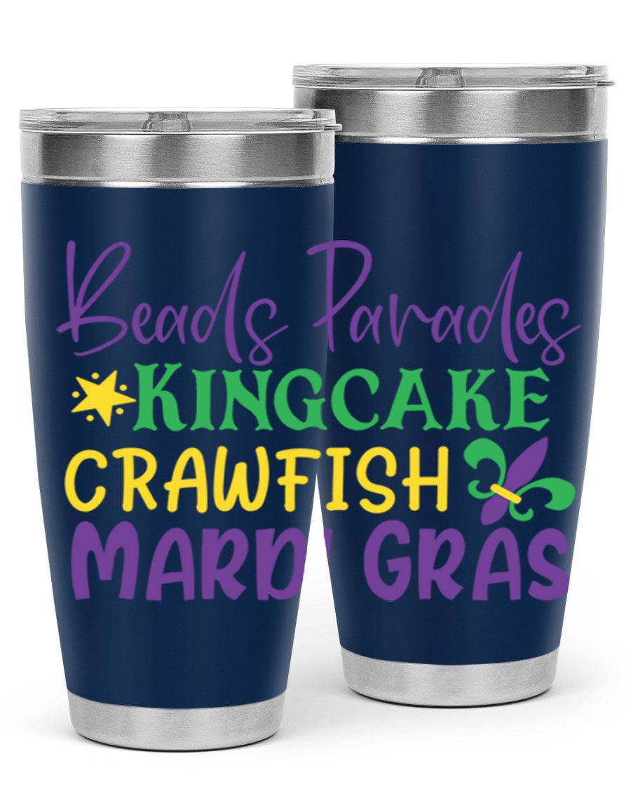 Vibrant 20oz Mardi Gras tumbler featuring double wall vacuum insulation, perfect for keeping drinks hot or cold during celebrations.
