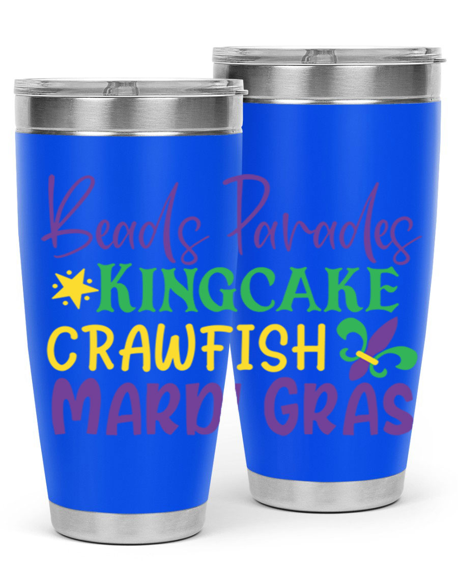 Vibrant 20oz Mardi Gras tumbler featuring double wall vacuum insulation, perfect for keeping drinks hot or cold during celebrations.
