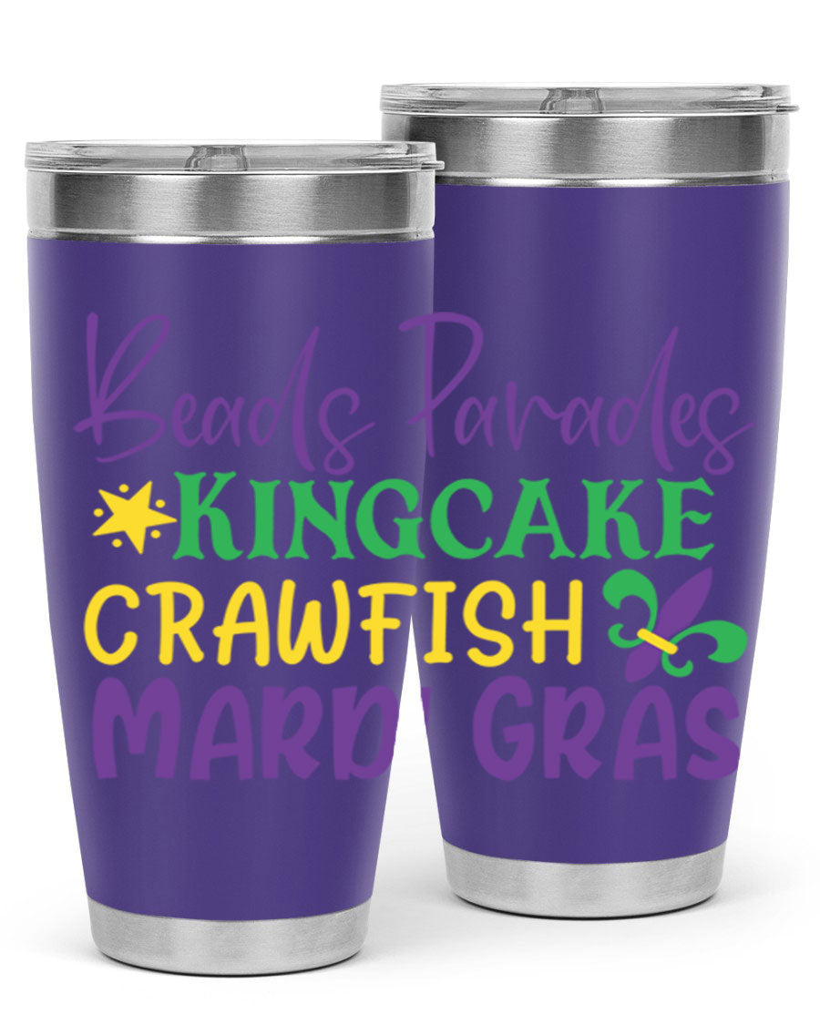 Vibrant 20oz Mardi Gras tumbler featuring double wall vacuum insulation, perfect for keeping drinks hot or cold during celebrations.