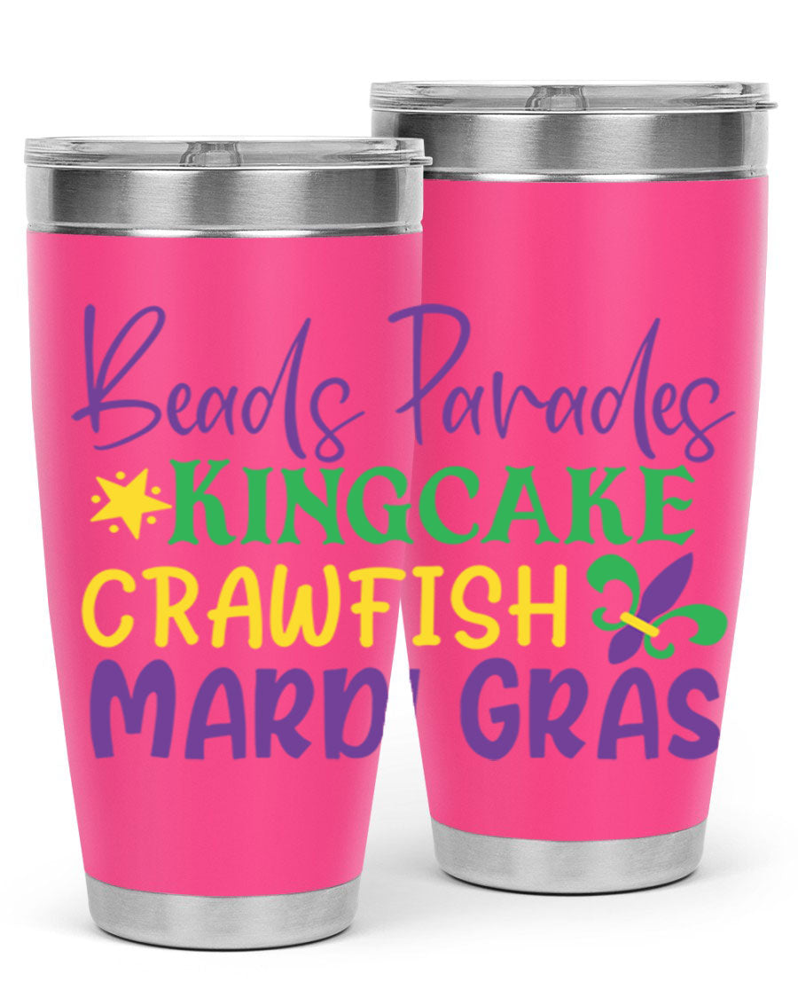 Vibrant 20oz Mardi Gras tumbler featuring double wall vacuum insulation, perfect for keeping drinks hot or cold during celebrations.