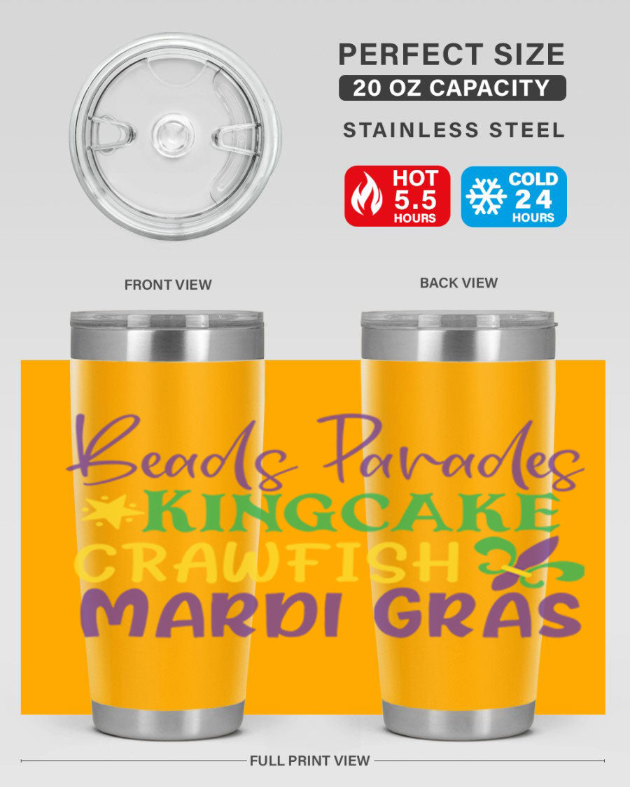 Vibrant 20oz Mardi Gras tumbler featuring double wall vacuum insulation, perfect for keeping drinks hot or cold during celebrations.