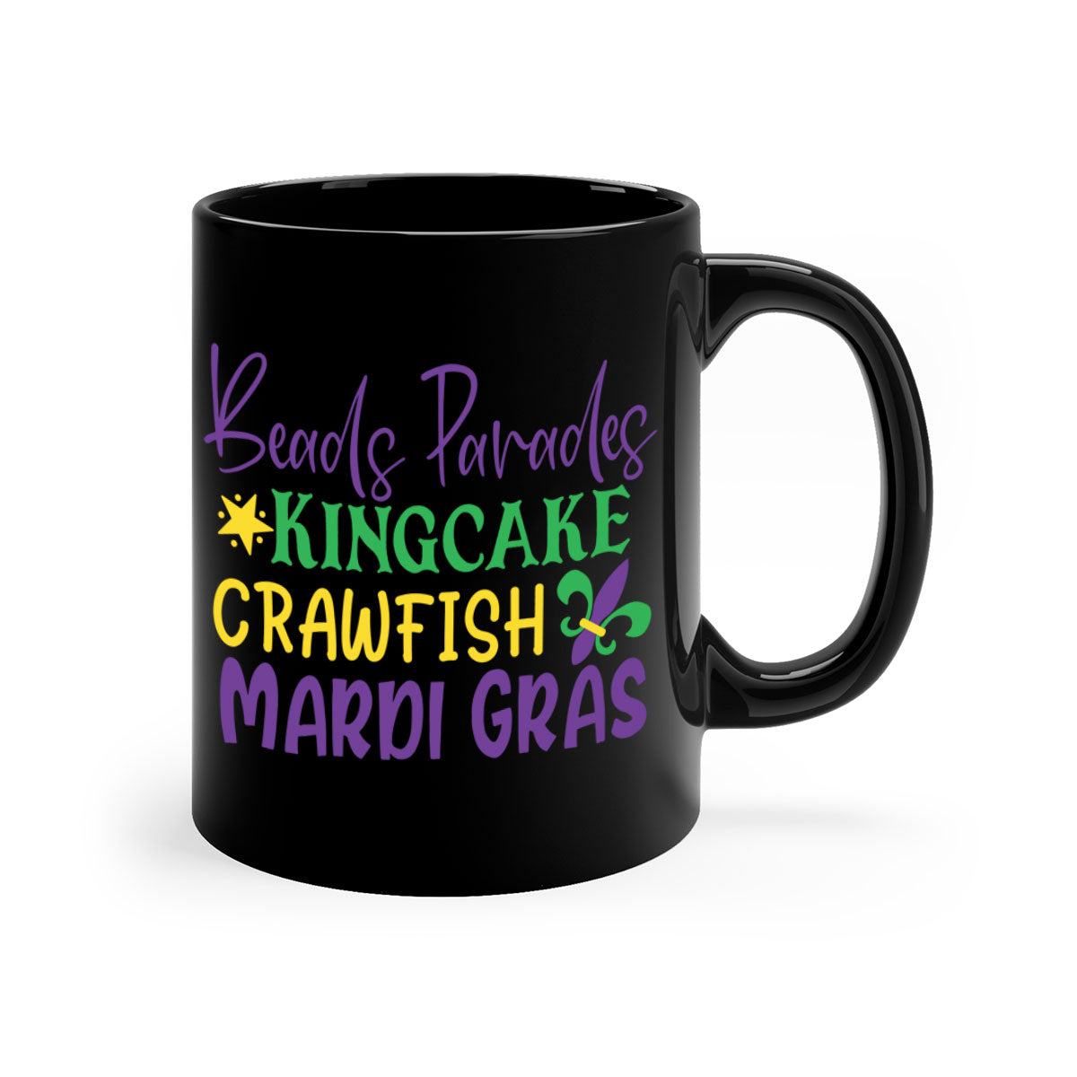 A colorful two-tone ceramic mug featuring a festive Mardi Gras design with beads, kingcake, and crawfish motifs.