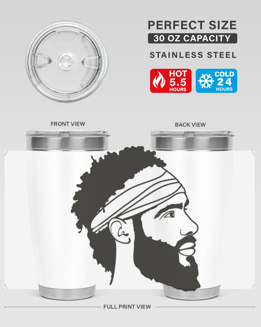 Beardman 48# black tumbler with double wall vacuum insulation, designed for men and boys, showcasing its sleek design and drink-thru lid.