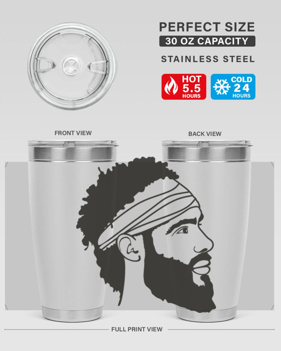 Beardman 48# black tumbler with double wall vacuum insulation, designed for men and boys, showcasing its sleek design and drink-thru lid.