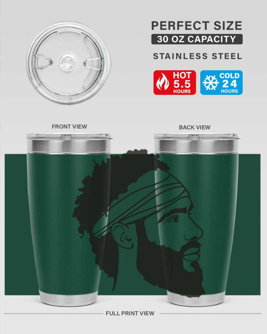Beardman 48# black tumbler with double wall vacuum insulation, designed for men and boys, showcasing its sleek design and drink-thru lid.