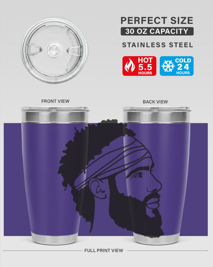 Beardman 48# black tumbler with double wall vacuum insulation, designed for men and boys, showcasing its sleek design and drink-thru lid.