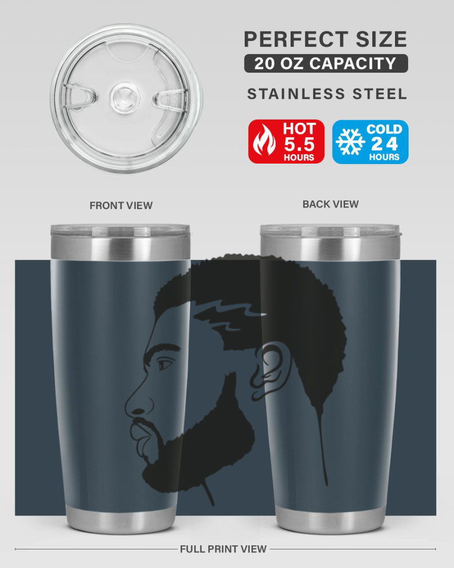 Beardman 52# black tumbler with double wall vacuum stainless steel design, featuring a drink-thru lid and stylish print.